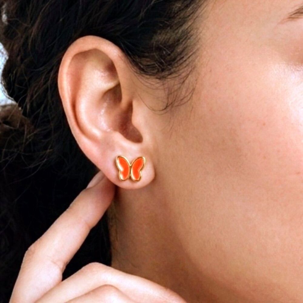STAINLESS STEEL STUD EARRINGS Butterfly Shape Orange/Gold Jewelry BRAND NEW